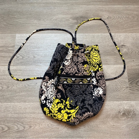 Vera Bradley Quilted Baroque Yellow Black Bucket Drawstring Backpack 14” - Picture 2 of 7
